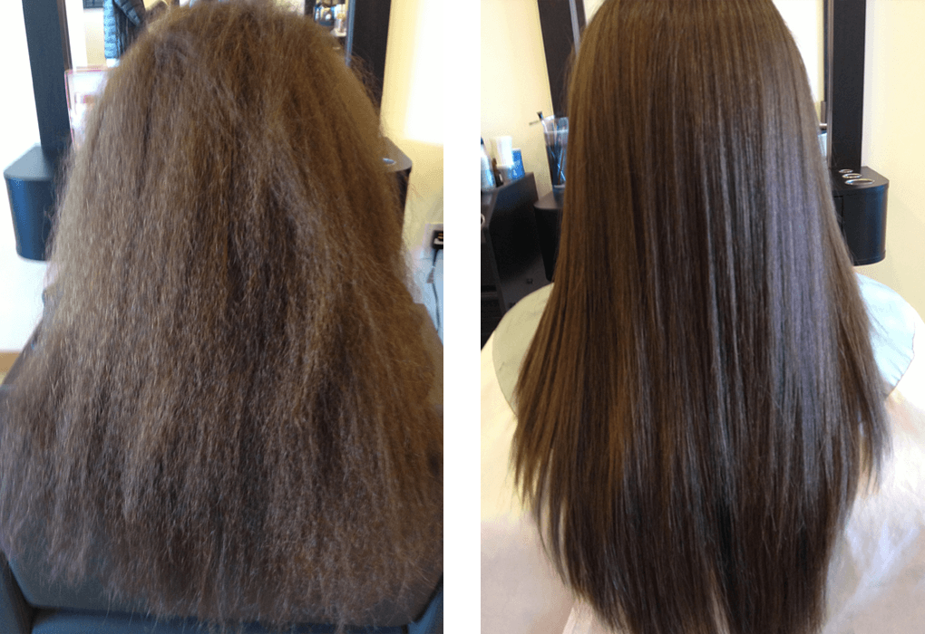 Before and after using Vivandi Miracle Fruit Oil, showcasing hair transformation from frizzy to smooth and manageable.
